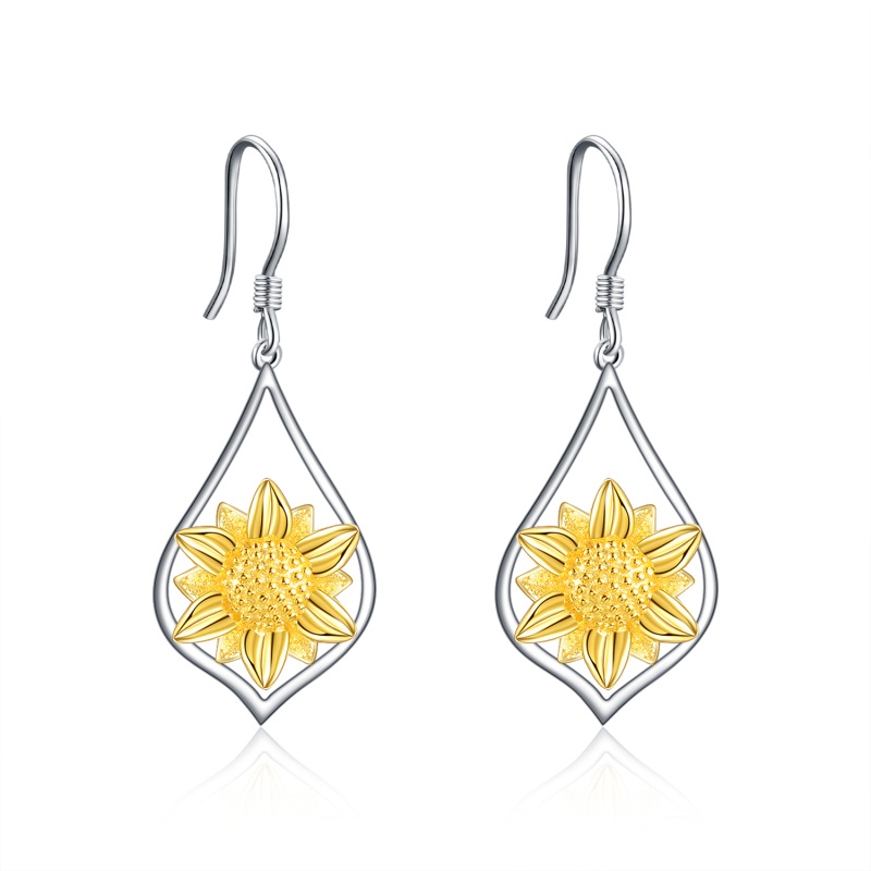 Orecchini pendenti in argento sterling bicolore con girasole-5