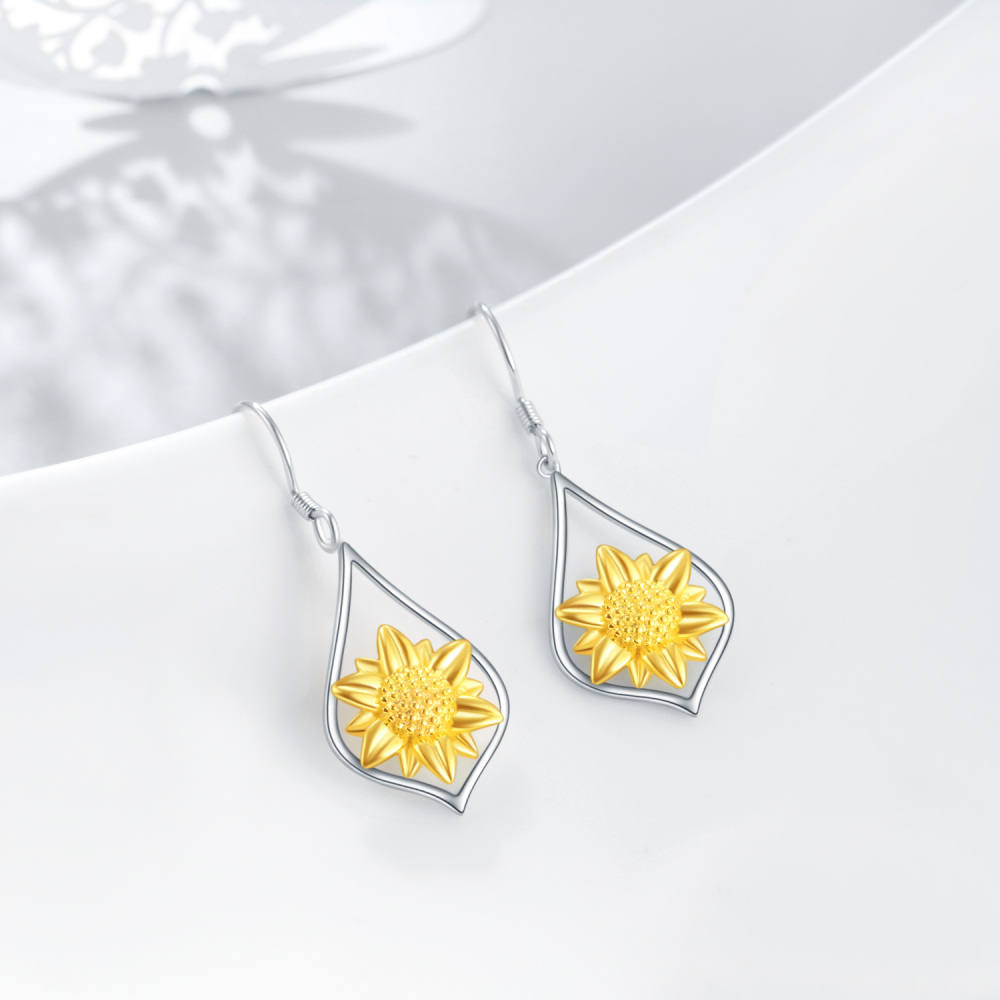 Sterling Silver Two-tone Sunflower Drop Earrings-3