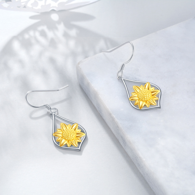 Sterling Silver Two-tone Sunflower Drop Earrings-4
