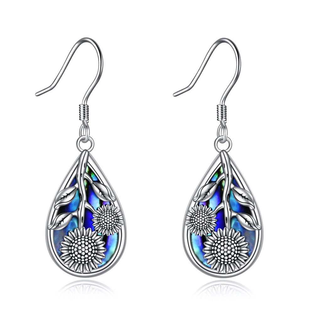 Pendientes colgantes de plata de ley con forma de girasol y abulón para mujer-1