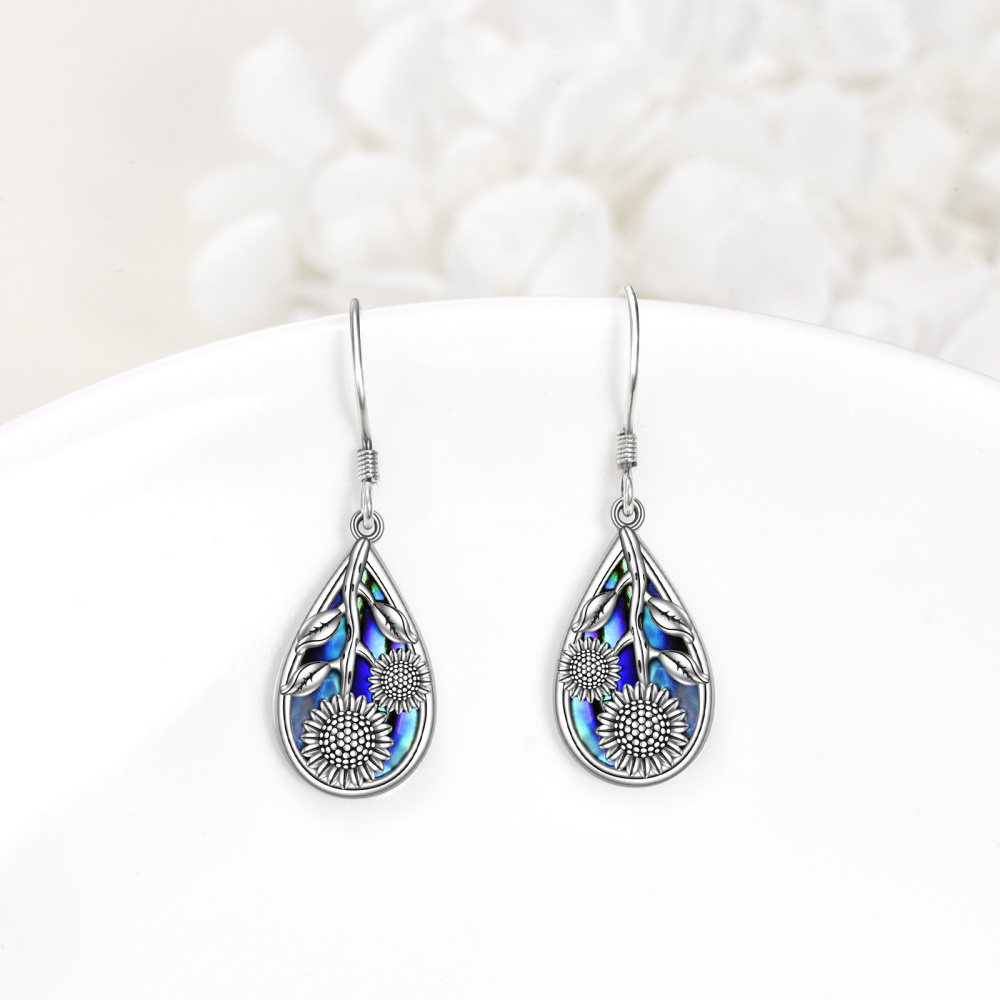 Pendientes colgantes de plata de ley con forma de girasol y abulón para mujer-3