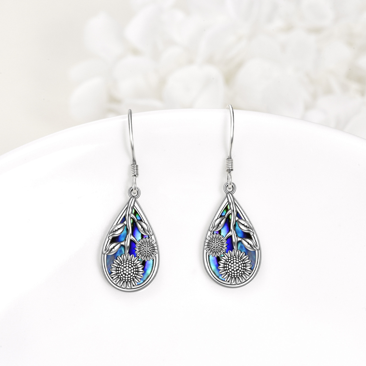 Sterling Silver Abalone Shellfish Sunflower Drop Earrings for Women-3