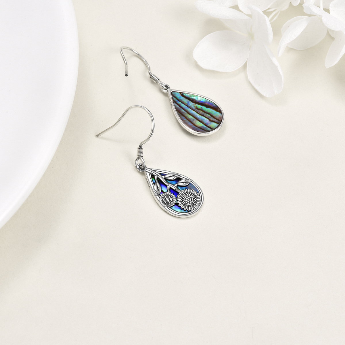 Sterling Silver Abalone Shellfish Sunflower Drop Earrings for Women-4