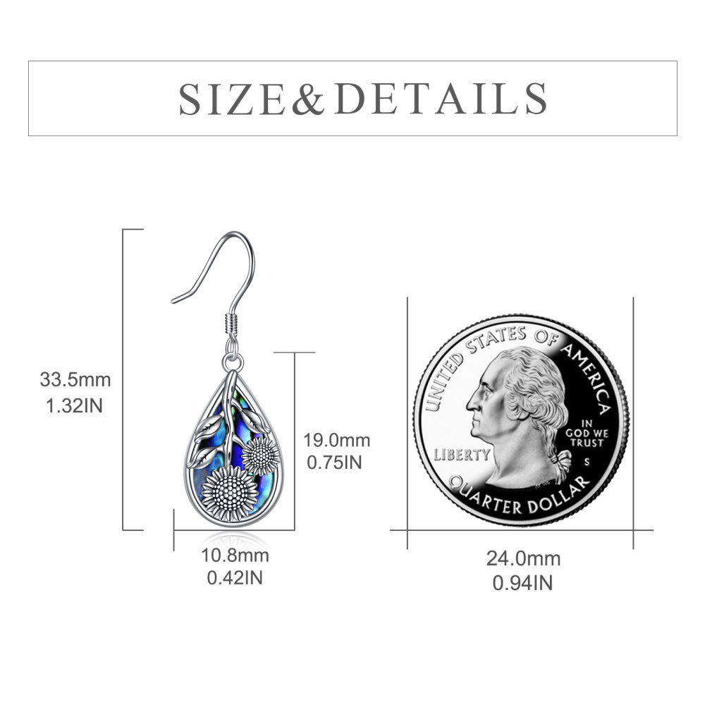Pendientes colgantes de plata de ley con forma de girasol y abulón para mujer-5