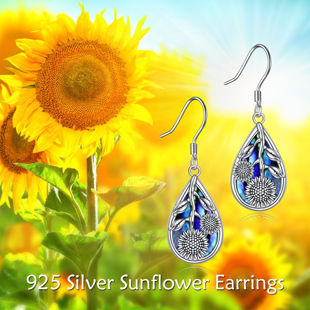 Pendientes colgantes de plata de ley con forma de girasol y abulón para mujer-6