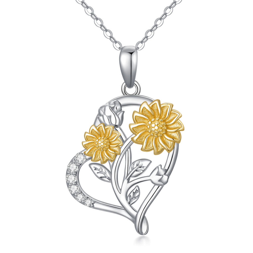 10K White Gold & Yellow Gold Moissanite Sunflower & Heart Pendant Necklace-1