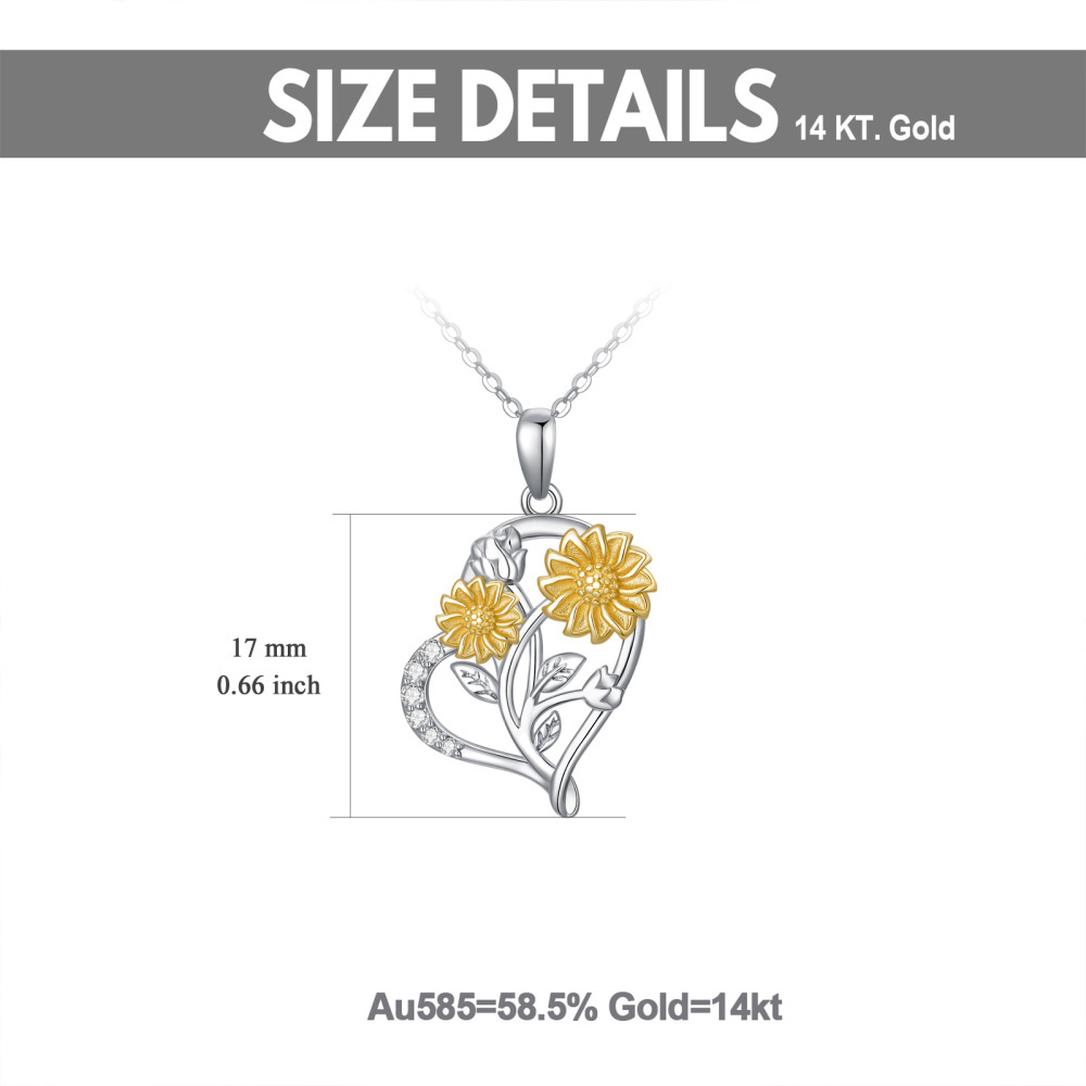 10K White Gold & Yellow Gold Moissanite Sunflower & Heart Pendant Necklace-5