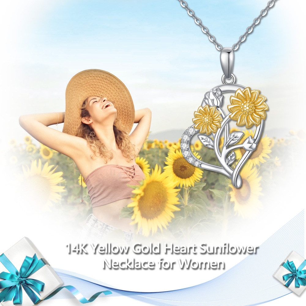 10K White Gold & Yellow Gold Moissanite Sunflower & Heart Pendant Necklace-6