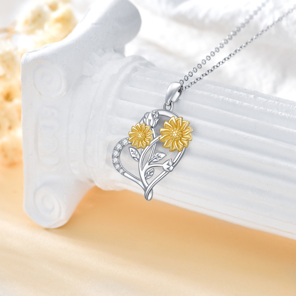 10K White Gold & Yellow Gold Moissanite Sunflower & Heart Pendant Necklace-3