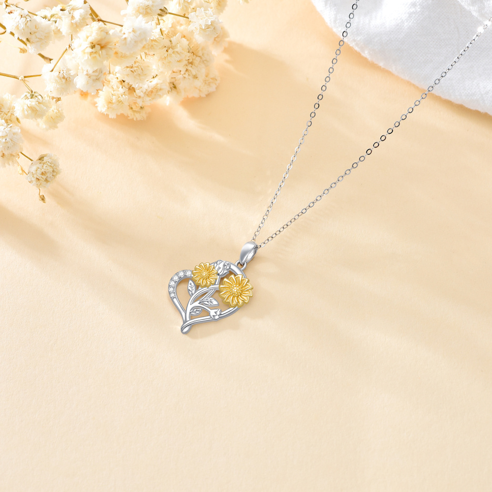 10K White Gold & Yellow Gold Moissanite Sunflower & Heart Pendant Necklace-4