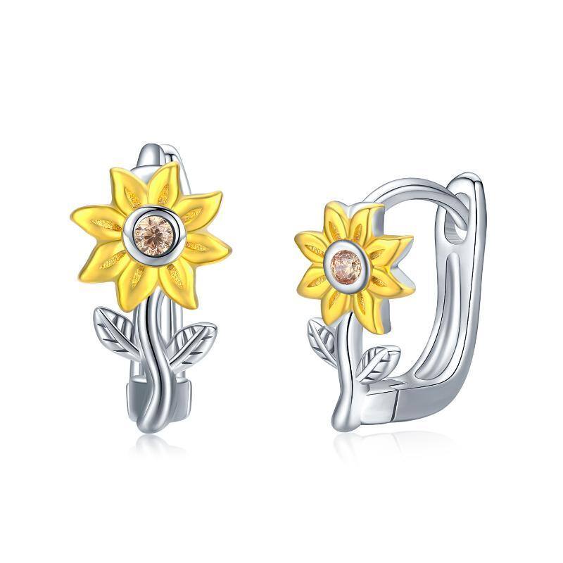 Sterling Silver Two-tone Cubic Zirconia Sunflower Lever-back Earrings-1