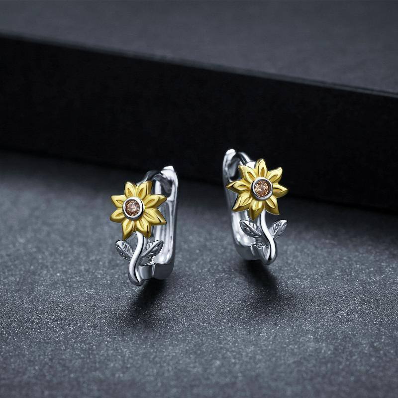 Sterling Silver Two-tone Cubic Zirconia Sunflower Lever-back Earrings-4