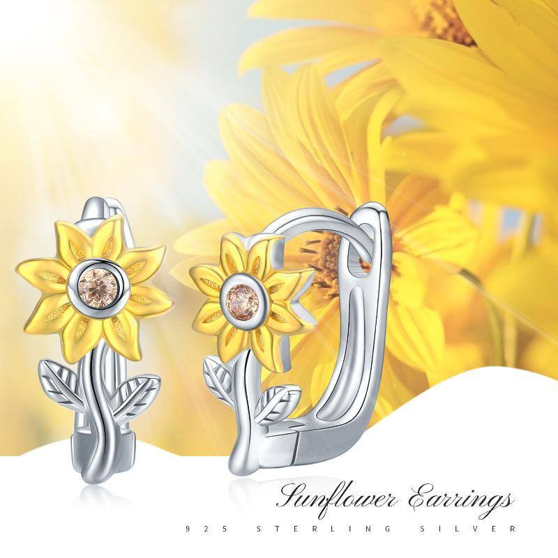 Sterling Silver Two-tone Cubic Zirconia Sunflower Lever-back Earrings-5