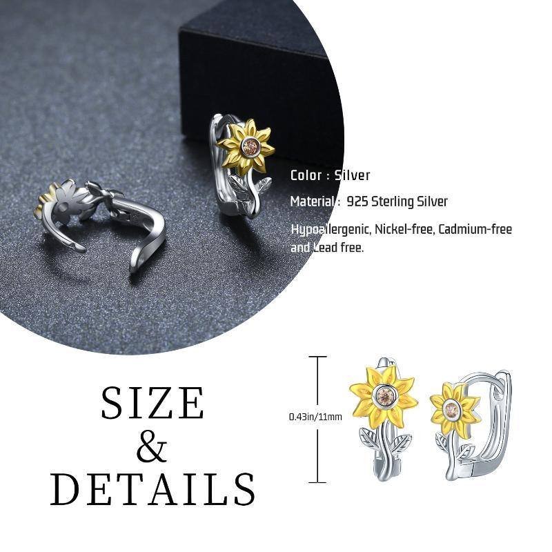 Sterling Silver Two-tone Cubic Zirconia Sunflower Lever-back Earrings-7