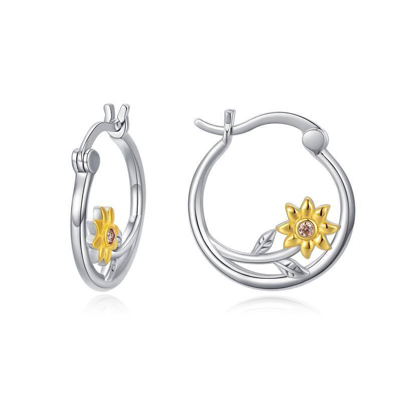 Sterling Silver Two-tone Cubic Zirconia Sunflower Hoop Earrings-1