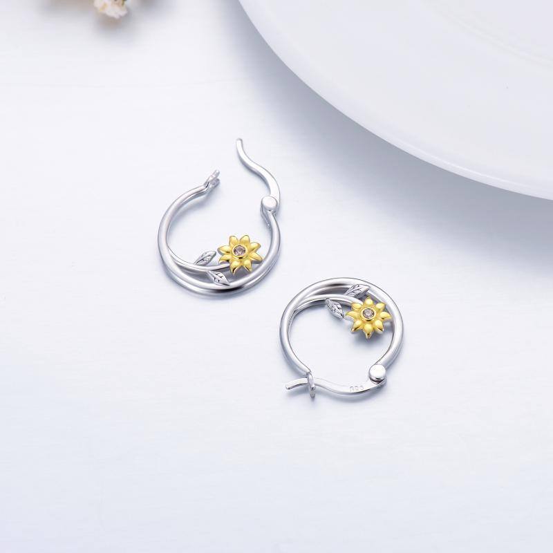 Sterling Silver Two-tone Cubic Zirconia Sunflower Hoop Earrings-5