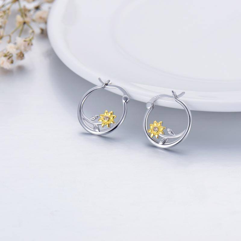 Sterling Silver Two-tone Cubic Zirconia Sunflower Hoop Earrings-6