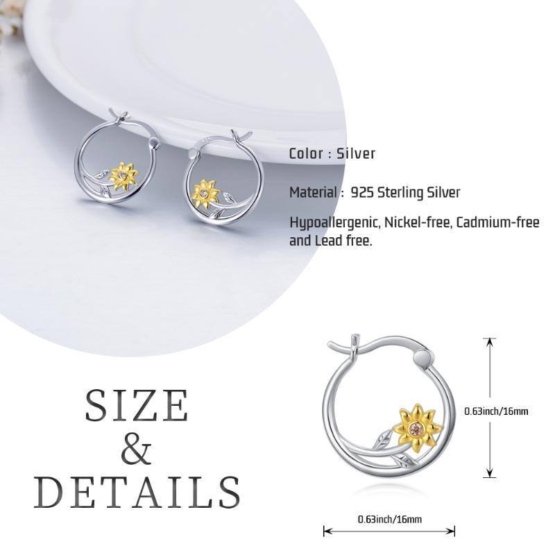 Sterling Silver Two-tone Cubic Zirconia Sunflower Hoop Earrings-7