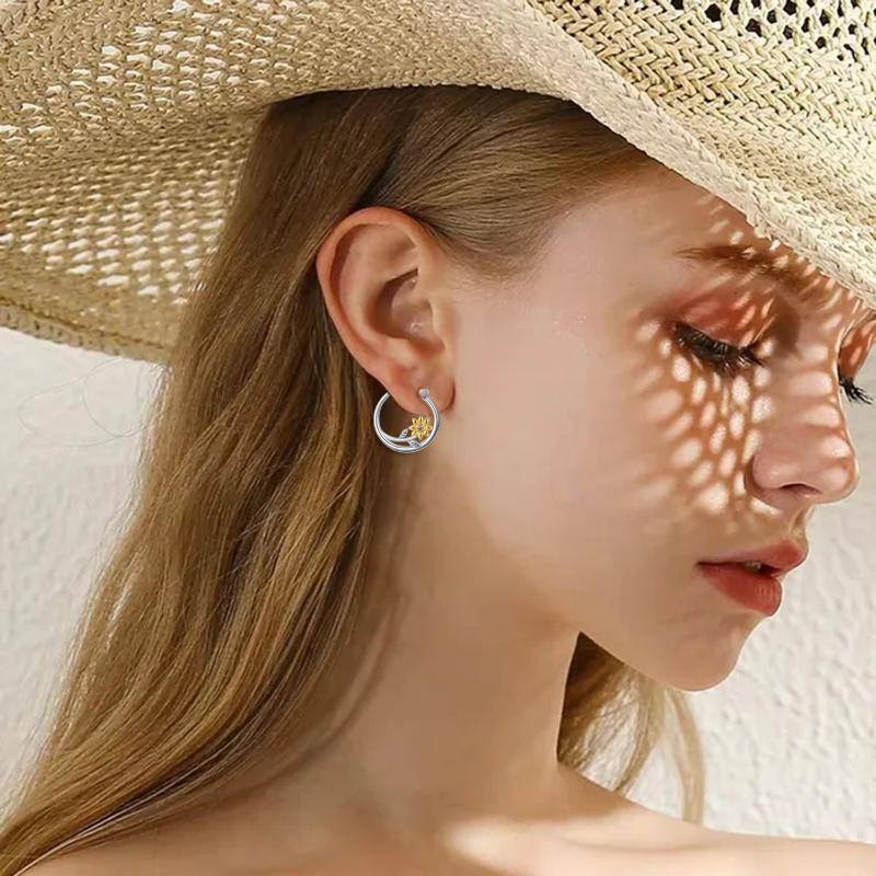 Orecchini a cerchio in argento sterling con zirconi cubici bicolore e girasole-3
