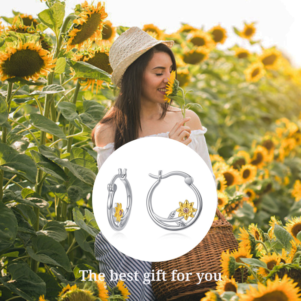 Orecchini a cerchio in argento sterling con zirconi cubici bicolore e girasole-4