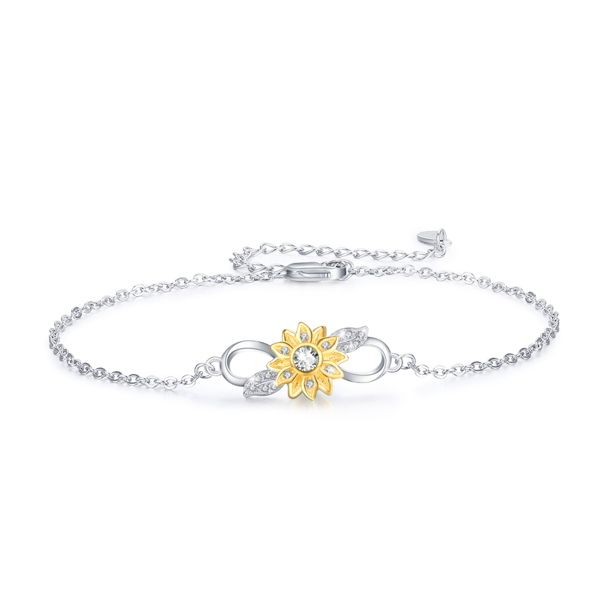 Sterling Silver Two-tone Sunflower & Infinity Symbol Charm Bracelet-1