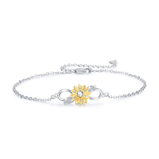 Sterling Silver Two-tone Sunflower & Infinity Symbol Charm Bracelet