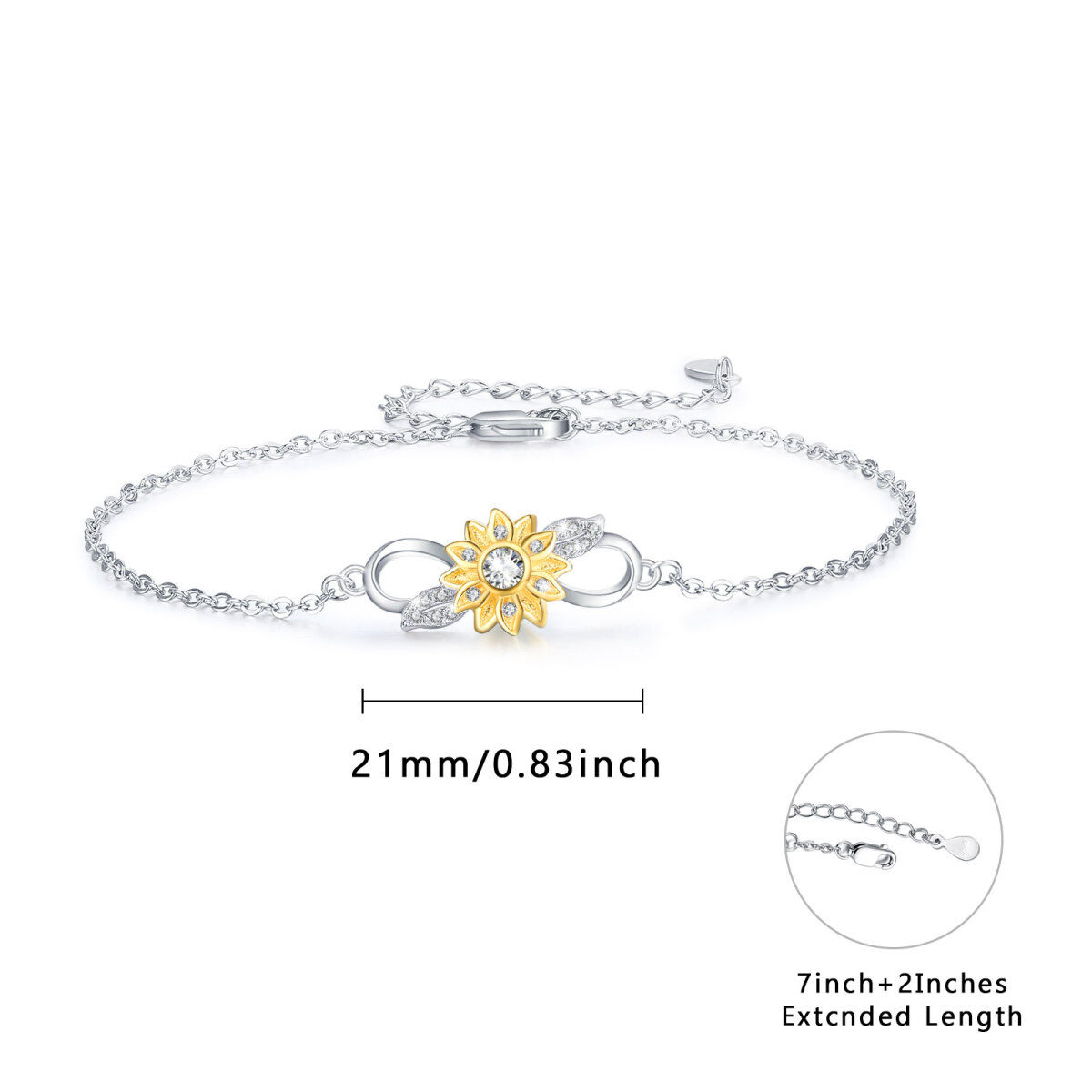 Sterling Silver Two-tone Sunflower & Infinity Symbol Pendant Bracelet-4