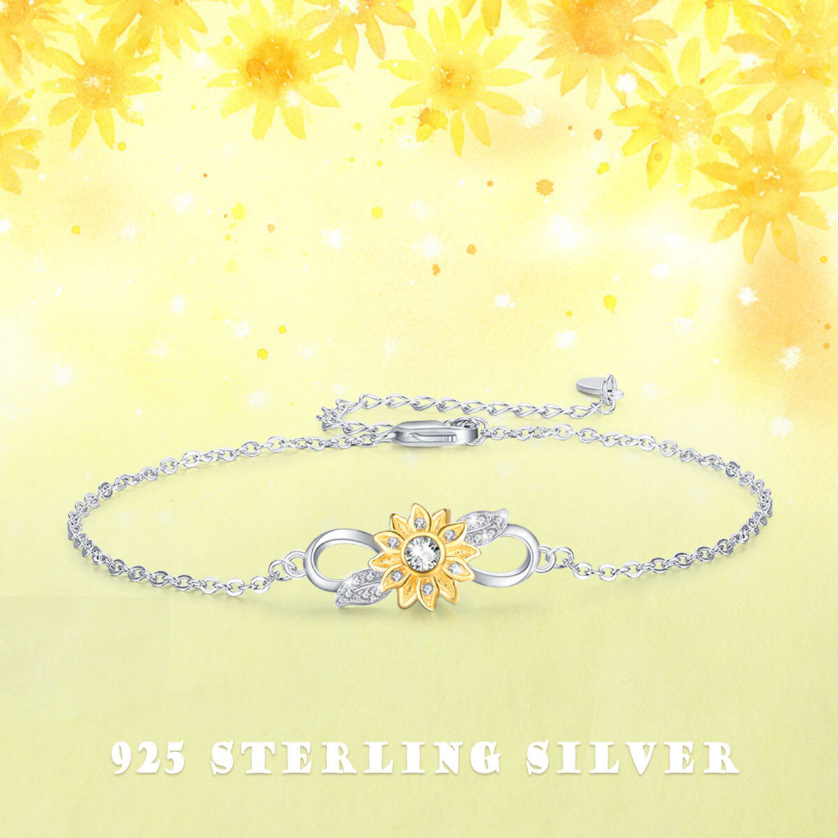 Sterling Silver Two-tone Sunflower & Infinity Symbol Charm Bracelet-5