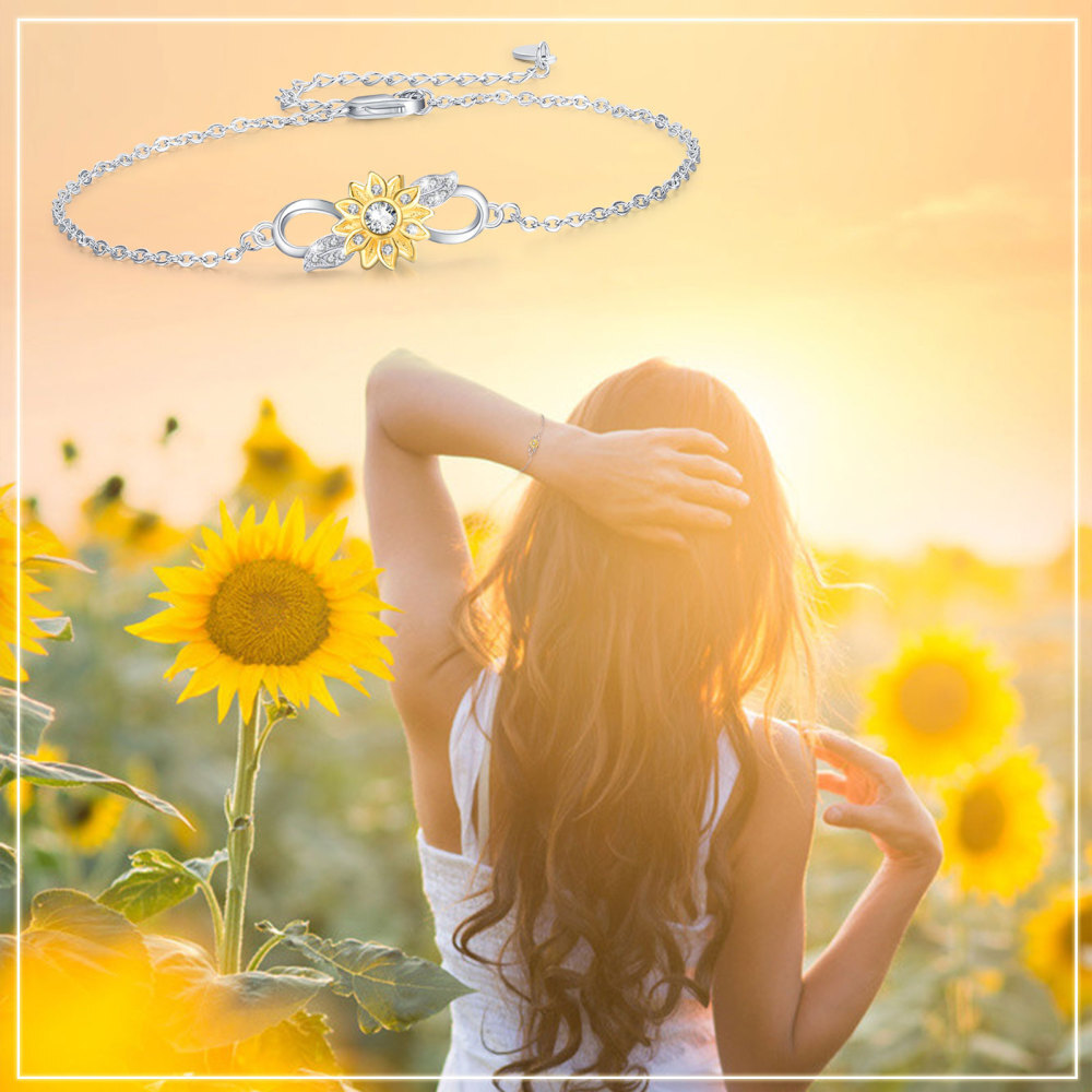 Sterling Silver Two-tone Sunflower & Infinity Symbol Charm Bracelet-6