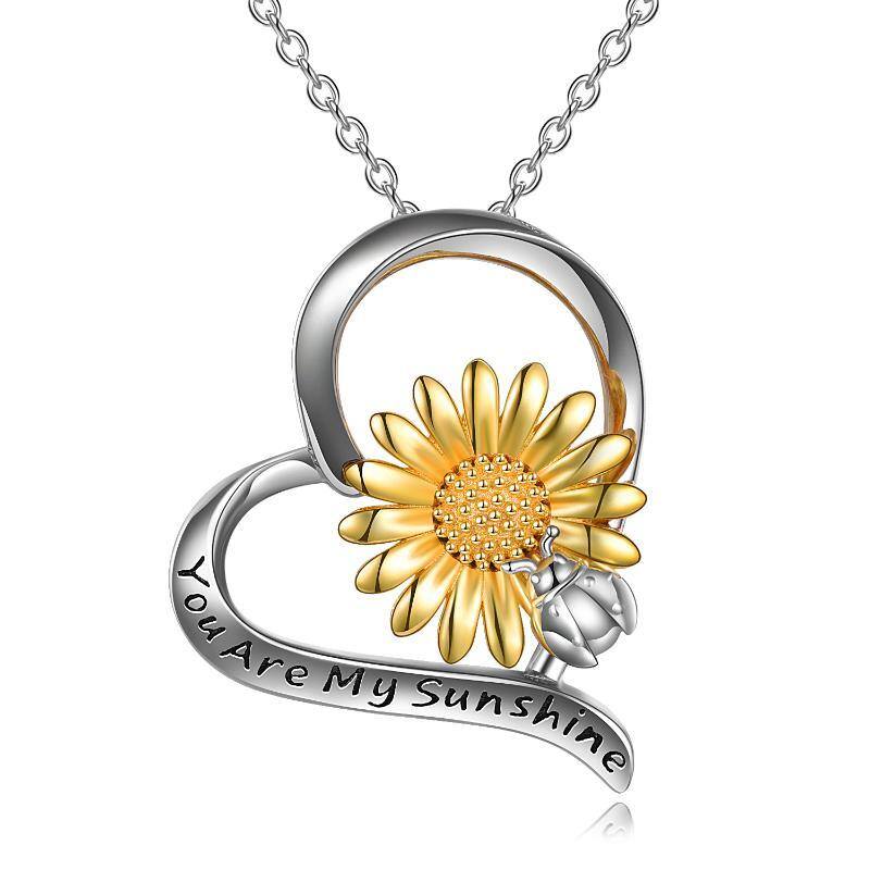 Collar de plata de ley con corazón grabado en dos tonos con mariquita y girasol para mujer-1