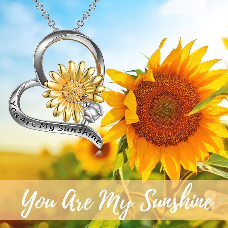 Collar de plata de ley con corazón grabado en dos tonos con mariquita y girasol para mujer-6