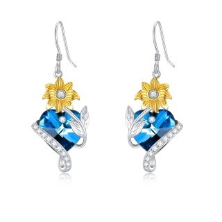 Sterling Silver Two-tone Heart Shaped Crystal Sunflower Drop Earrings-38