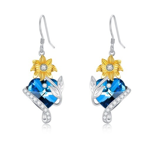 Orecchini pendenti in argento sterling bicolore a forma di cuore con girasole in cristallo