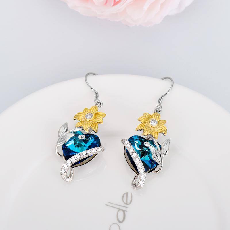 Sterling Silver Two-tone Heart Shaped Crystal Sunflower Drop Earrings-3