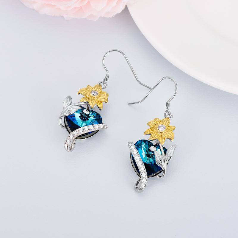 Sterling Silver Two-tone Heart Shaped Crystal Sunflower Drop Earrings-4