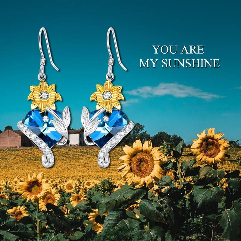 Orecchini pendenti in argento sterling bicolore a forma di cuore con girasole in cristallo-6