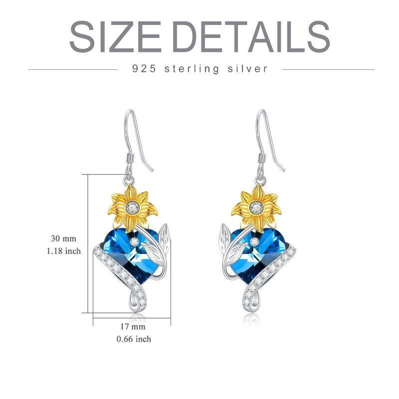 Sterling Silver Two-tone Heart Shaped Crystal Sunflower Drop Earrings-5