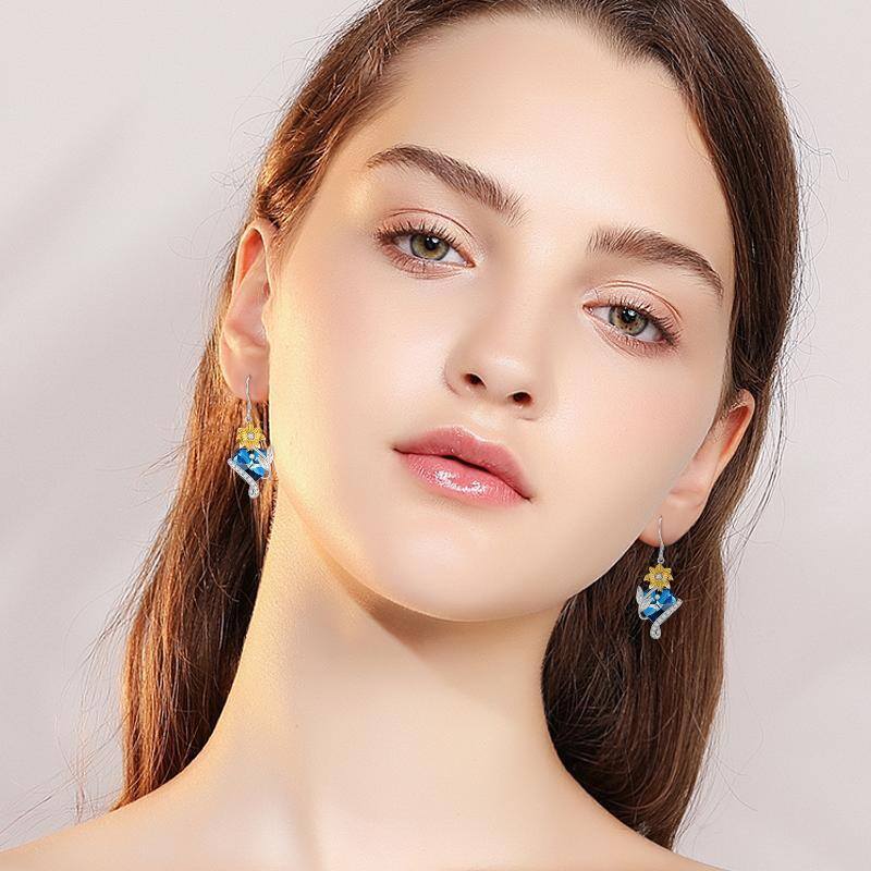 Sterling Silver Two-tone Heart Shaped Crystal Sunflower Drop Earrings-2