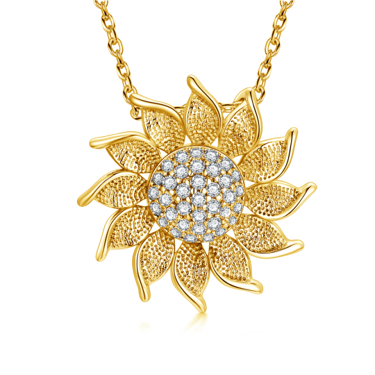 Sterling Silver with Yellow Gold Plated Cubic Zirconia Sunflower Pendant Necklace