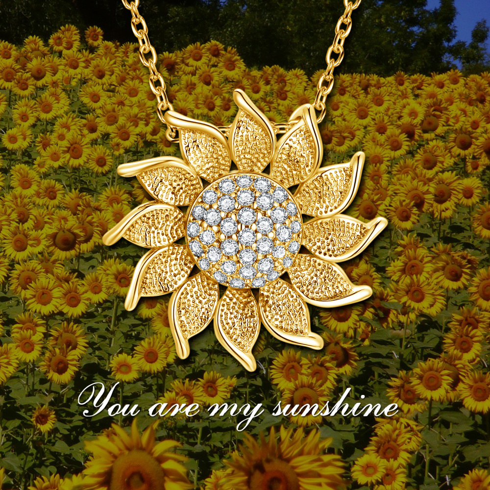 Sterling Silver with Yellow Gold Plated Cubic Zirconia Sunflower Pendant Necklace-7