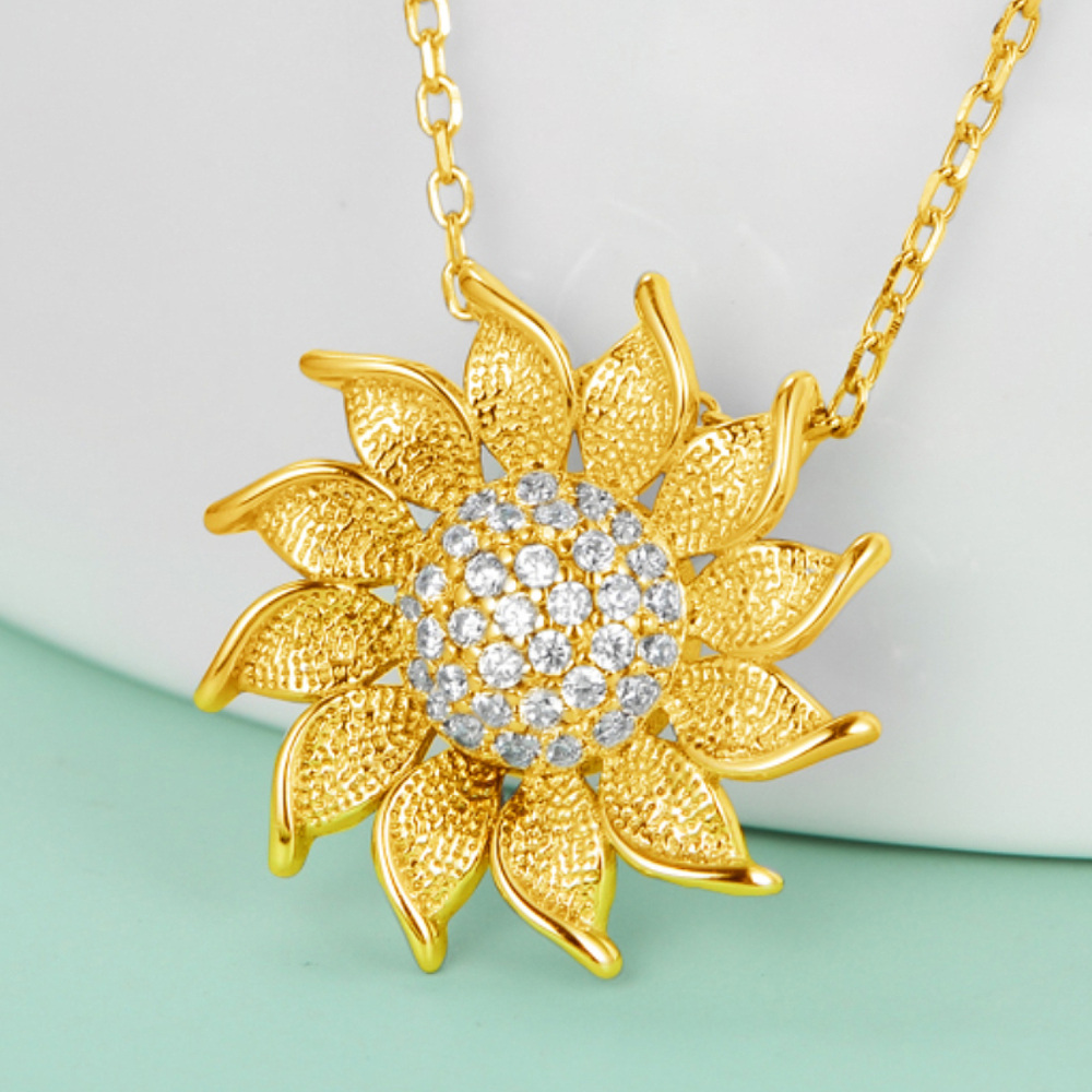Sterling Silver with Yellow Gold Plated Cubic Zirconia Sunflower Pendant Necklace-3