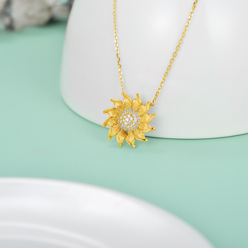 Sterling Silver with Yellow Gold Plated Cubic Zirconia Sunflower Pendant Necklace-4