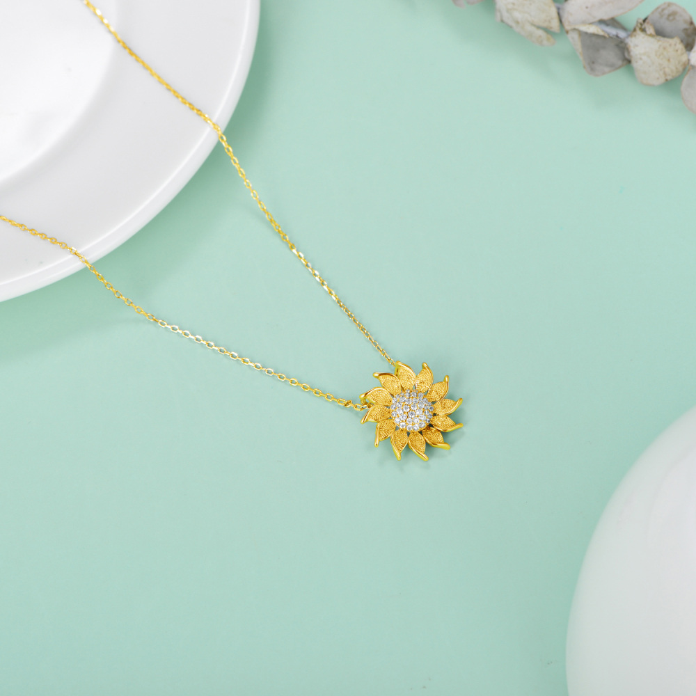 Sterling Silver with Yellow Gold Plated Cubic Zirconia Sunflower Pendant Necklace-5