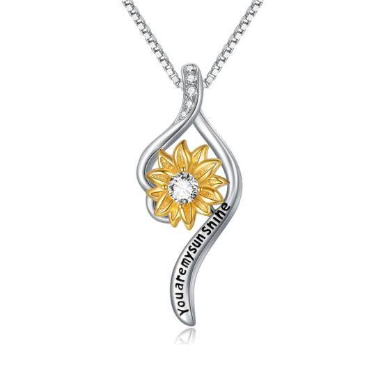 Collier en argent sterling gravé tournesol bicolore pour femme