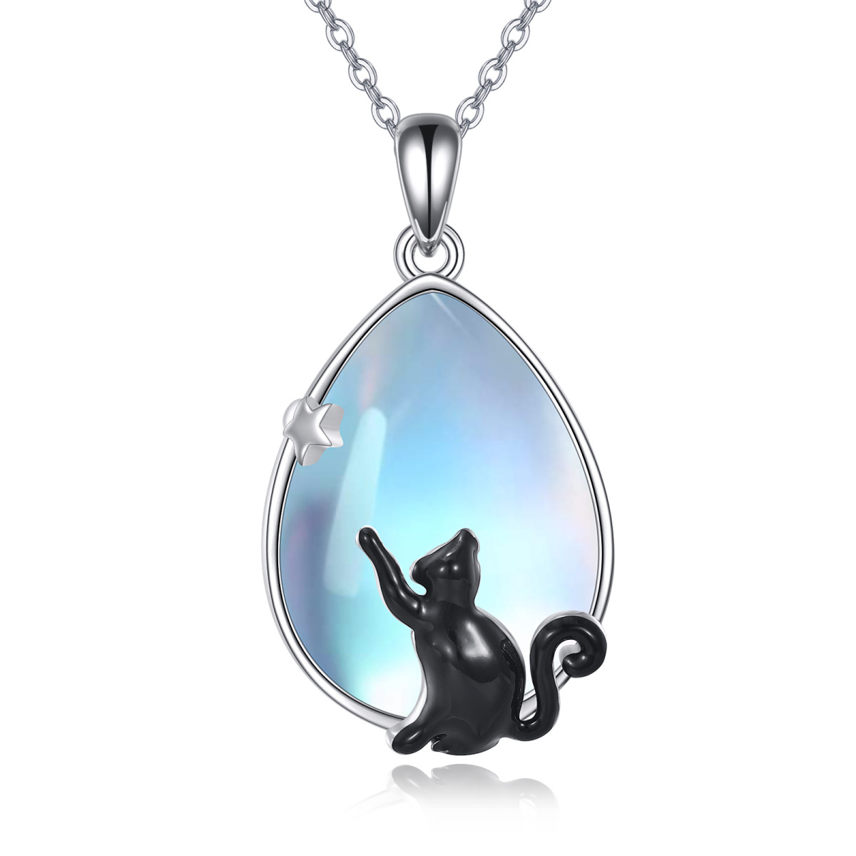 Sterling Silver Pear Moonstone Cat & Star Pendant Necklace for Women-1