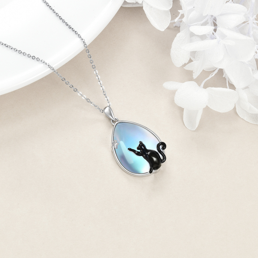 Sterling Silver Pear Moonstone Cat & Star Pendant Necklace for Women-3