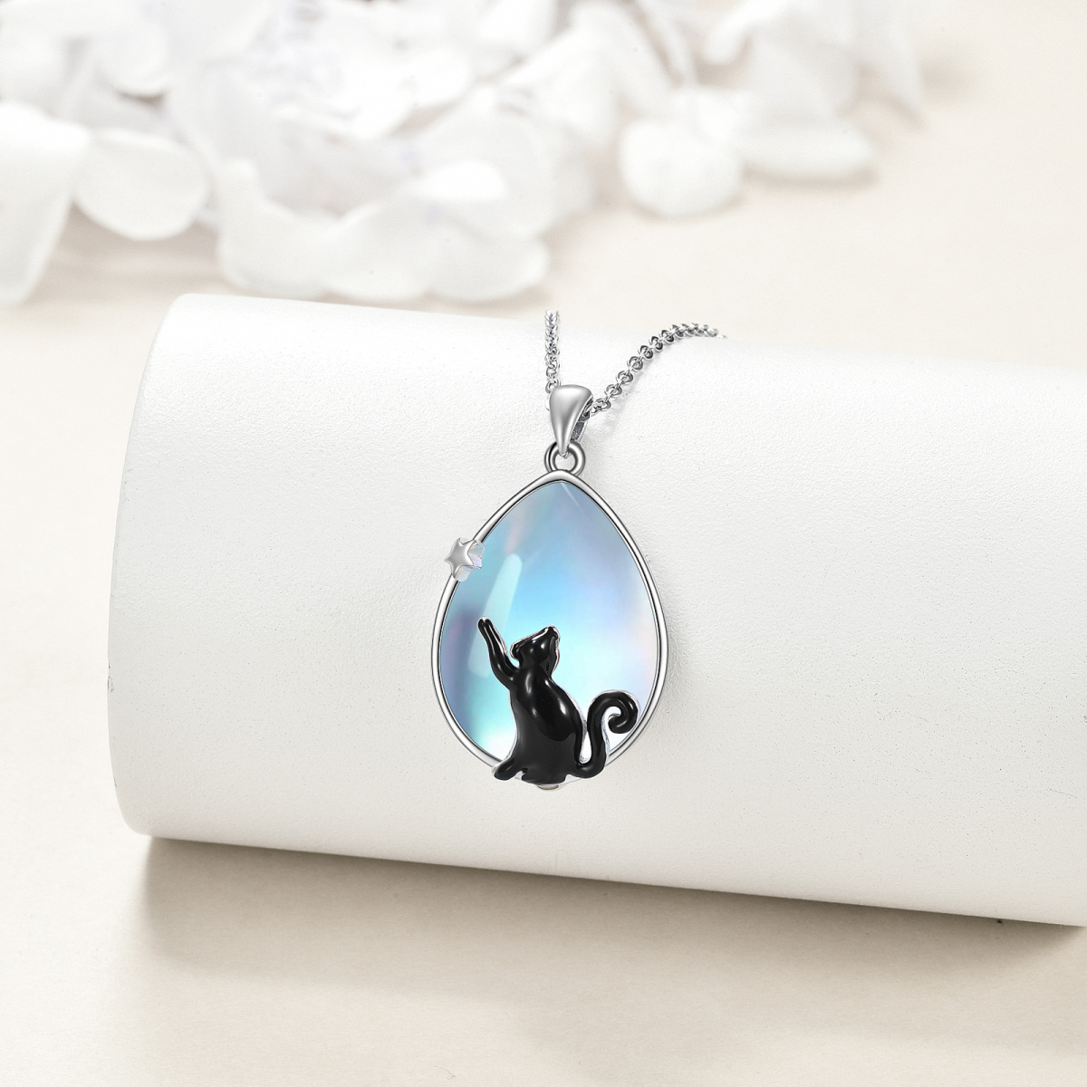 Sterling Silver Pear Moonstone Cat & Star Pendant Necklace for Women-4