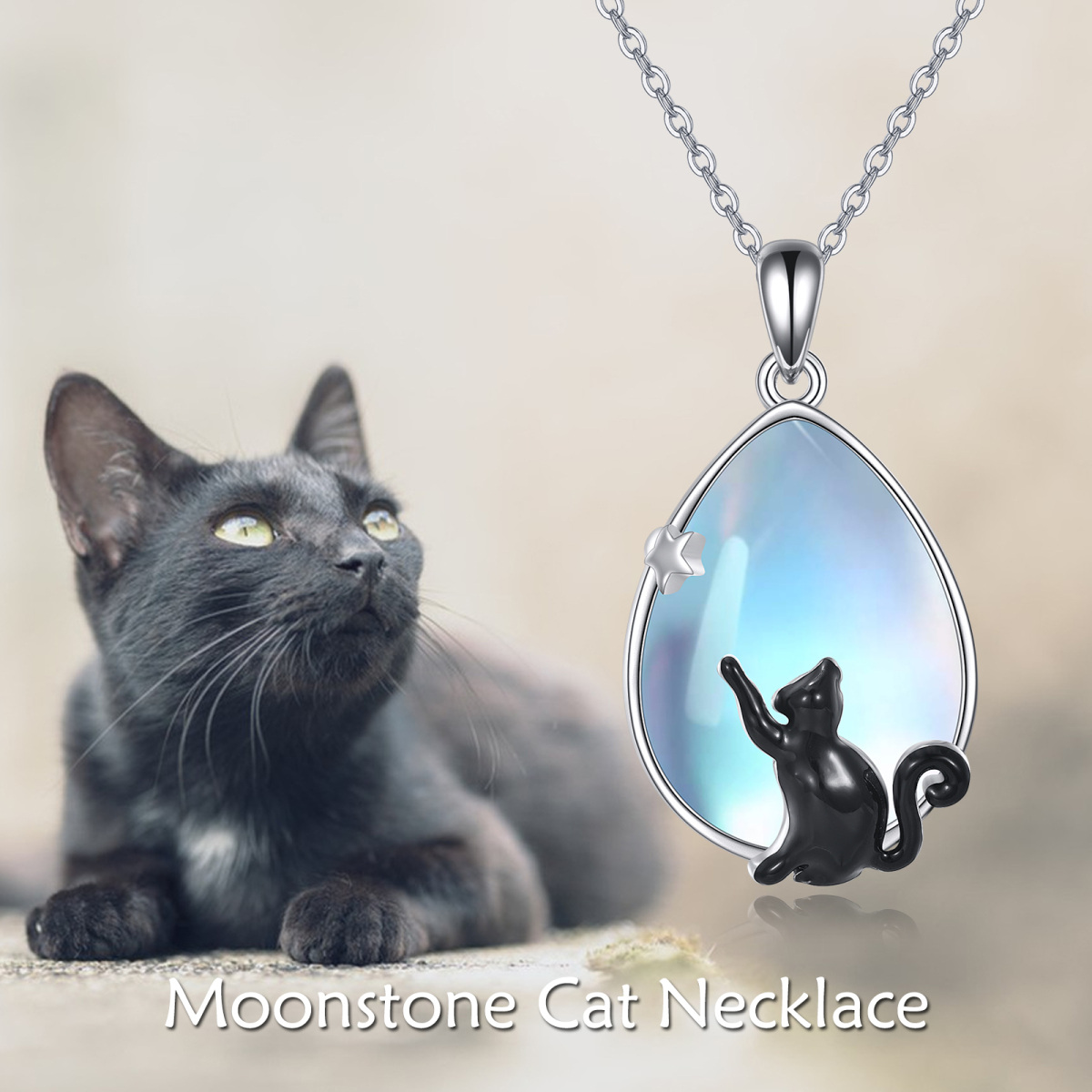 Sterling Silver Pear Moonstone Cat & Star Pendant Necklace for Women-6