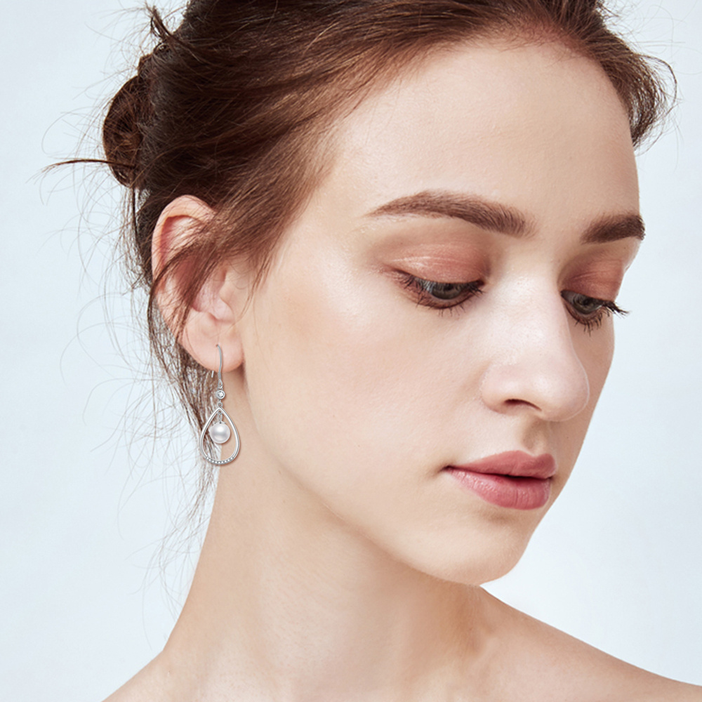 Pendientes colgantes de perlas en plata de ley para mujer-2