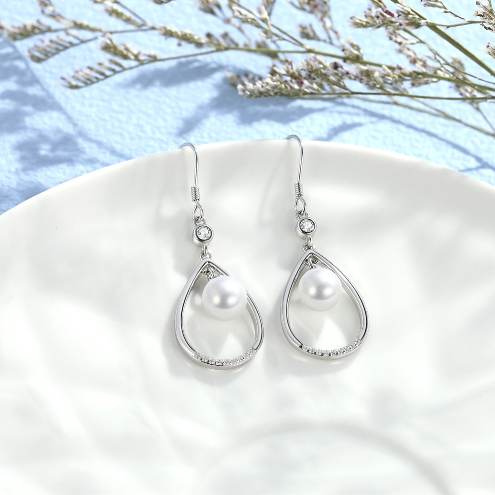 Pendientes colgantes de perlas en plata de ley para mujer-3